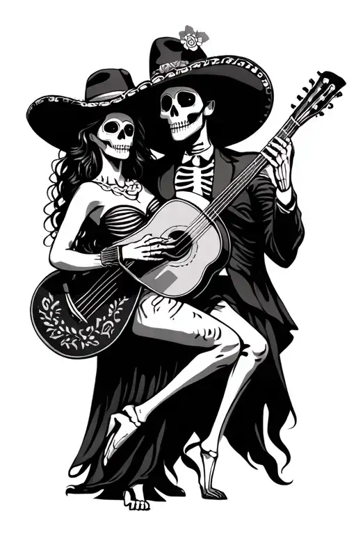 Day Of The Dead Realistic Mariachi Skeleton Dancing With Mexican Woman With Sugar Skull Face Paint
