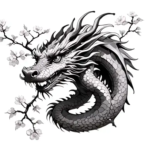 Dragon With Cherry Blossom Tree