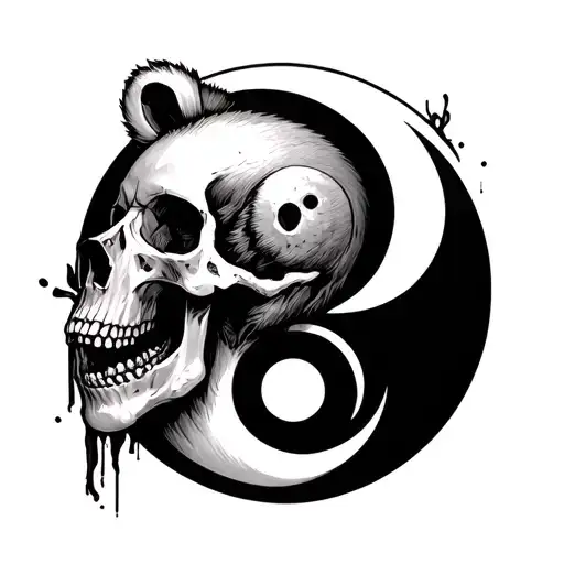 Yin & Yang Symbol But With A Bear's Head As Yin And A Human Skull As Yang Eating Each Other