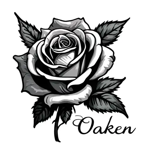 Rose With The Name Oaken Written In Cursive By The Stem
