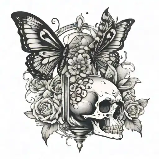 Skull Hourglass Flowers Butterfly's