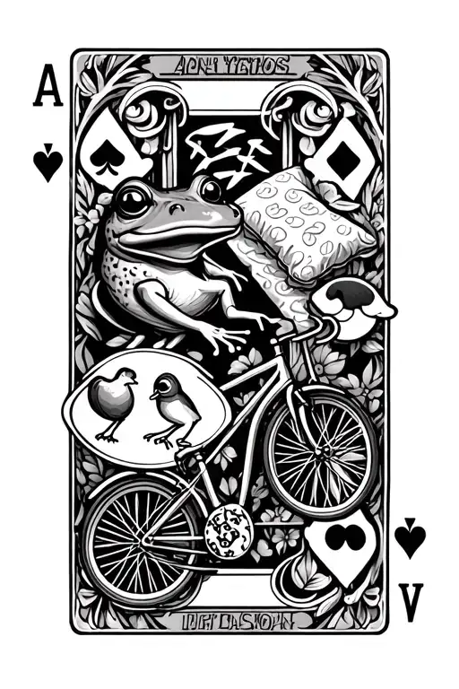 Knplaying Card With Bike A Frog And A Oriel Bird A Ice Cream And A Pillow With A Cat On It