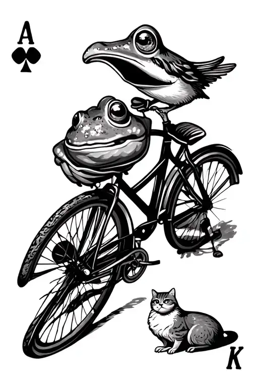 K Playing Card With Bike A Frog And A Oriel Bird A Ice Cream And A Pillow With A Cat On It