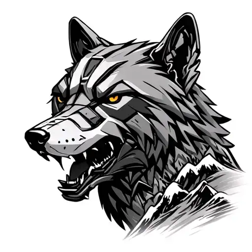 Robotic Wolf Head Facing Forward Growling With A Moutain Background