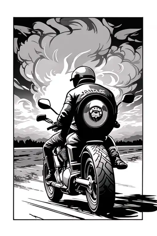 From Behind Biker Riding Away In The Sunset With Smoke Come From Back Tire