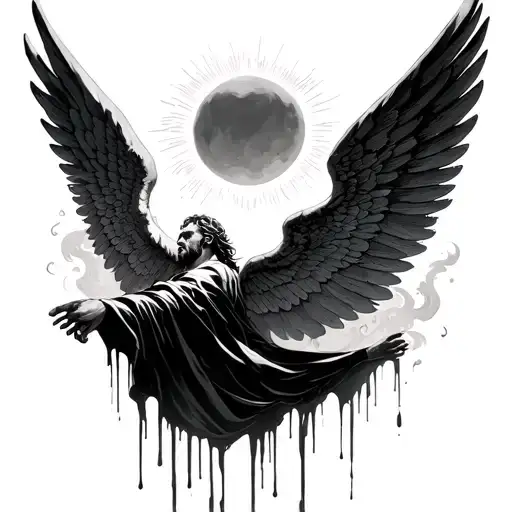 Icarus Facing Toward Flying Towards The Sun And Wax Dripping From His Wings