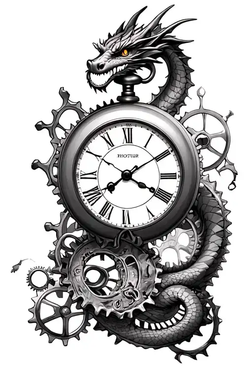Dragon And Broken Pocket Watch Surrounded By Gears