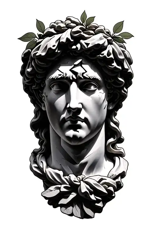 Broken Roman Bust Sculpture With Olive Branches And Drapes