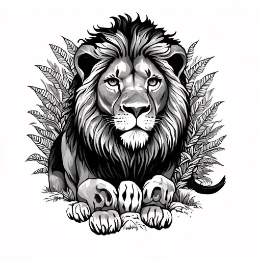 Majestic Young Lion Standing Among A Dense Forest With Intricate Dotwork Details