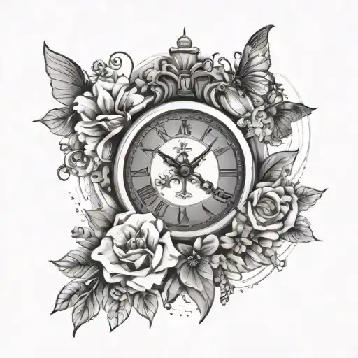 Clock Surrounded By Butter Flys And Flowers