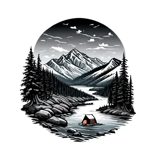Snow Covered Mountains With River Leading To Forest With Campsite