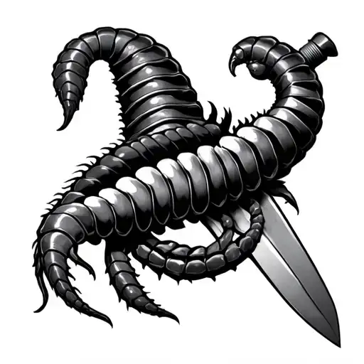 Centipede Spiraling Around Sword On Thigh