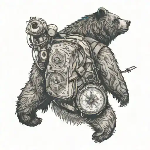 Bear Wearing Backpack With Intricate Compass