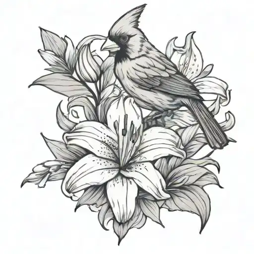 Cardinal Bird And Lily Flowers