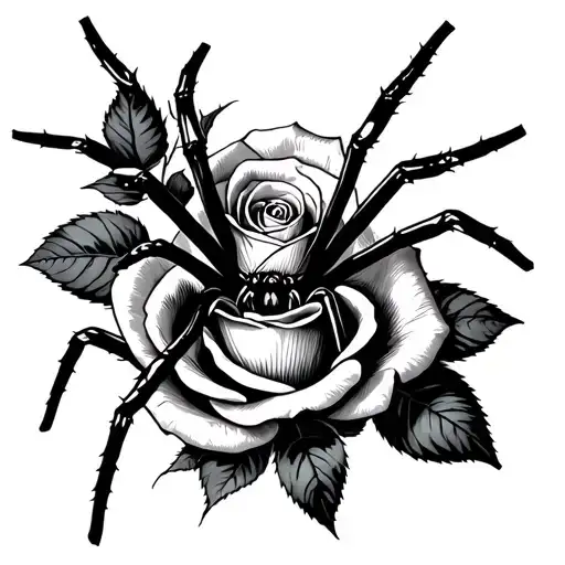 Black Widow Spider On Rose Tattoo Design Incorporating