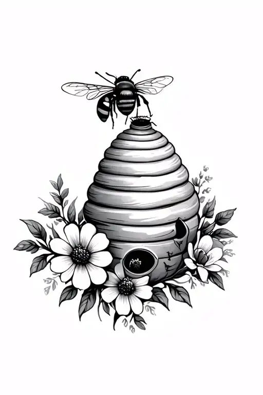 Bees Beehive And Flowers Blooming