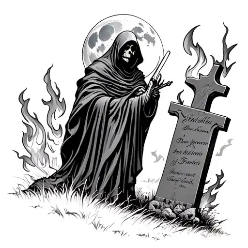 Grim Reaper In A Cemetery With Awesome Flames And A Moon In The Background
