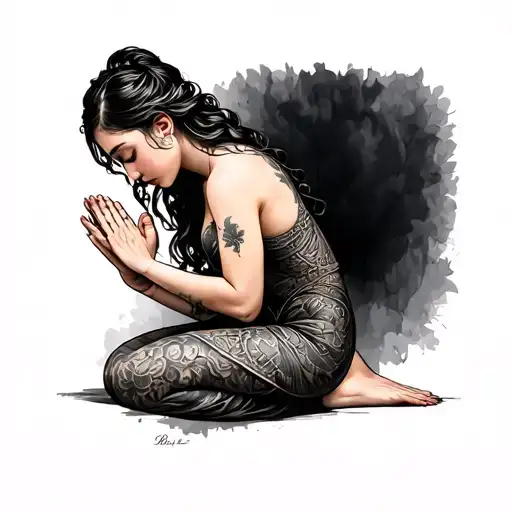 Drawing Of A Woman Who Is Kneeling And Praying With Beautiful Form