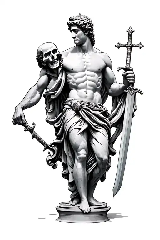 Male Statue Holding An Enemy's Head In His Hand And A Sword In The Other Hand