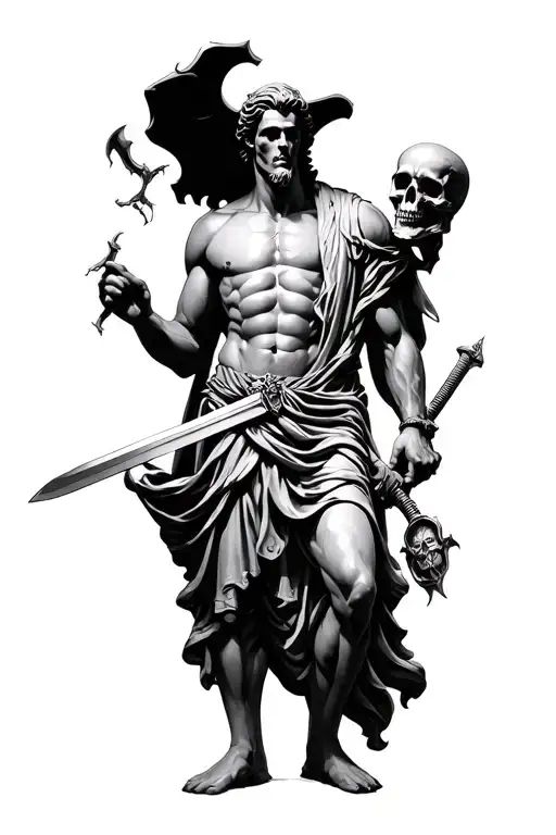 Male Statue Holding A Skull In His Hand And He Has A Sword In His Other Hand