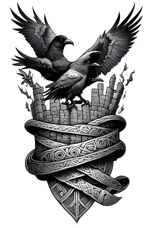 Norse And Celtic Sleeve Tattoo With Ruins In Bands And Ravens