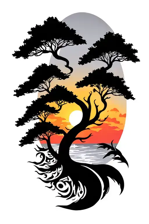 Maori Tattoo With Black Forrest Trees Colors Sunset