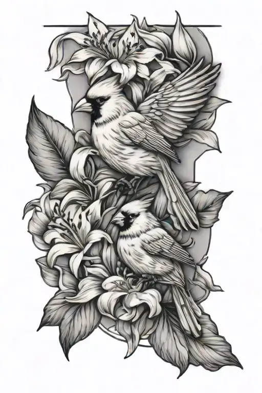 Cardinal Bird And Lilies