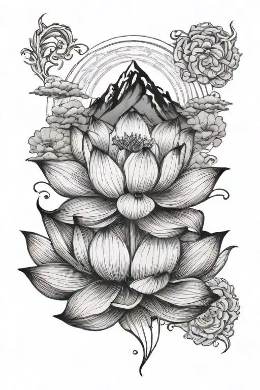 Lotus Flower With A Mountain Landscape Behind
