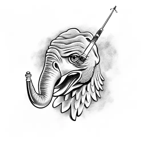 Eagle Head With Elephant Head And Fishing Pole And Rose And Marigold And Whisk