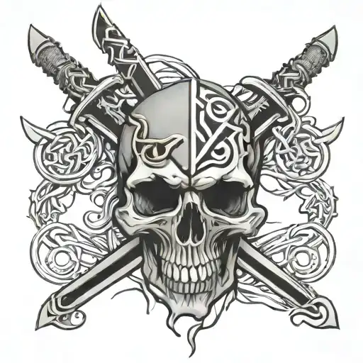 Skull On Shoulder With Celtic Swords Going Through A Split Fractured Skull '