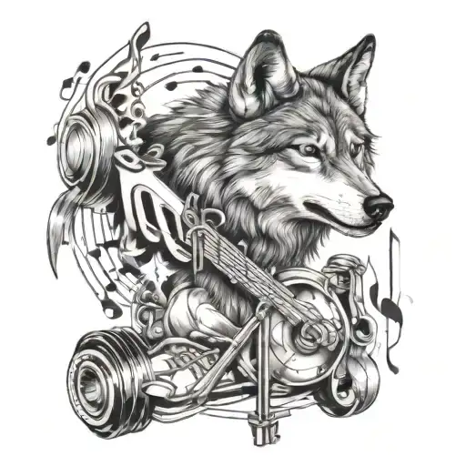 A Wolf Surrounded By Musical Notes And Sports Equipment