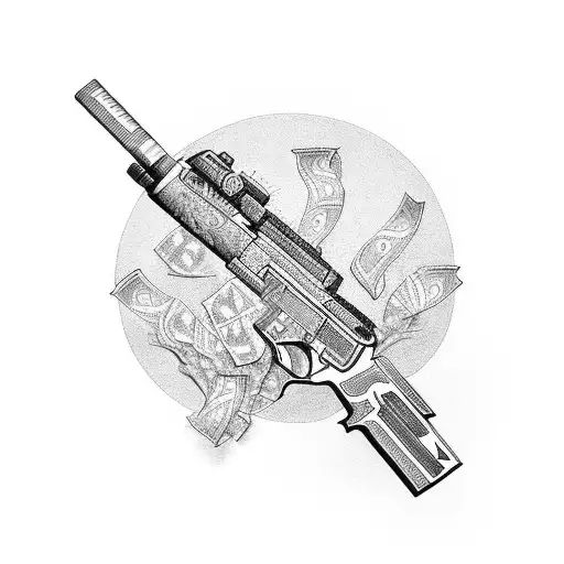 An Intricate Black-grey Design Of A Gun Surrounded By Dollar Bills