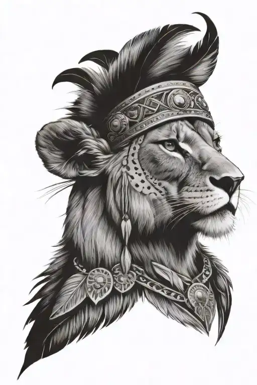A Native American Style Lioness Wearing A Headdress With An Owl In It