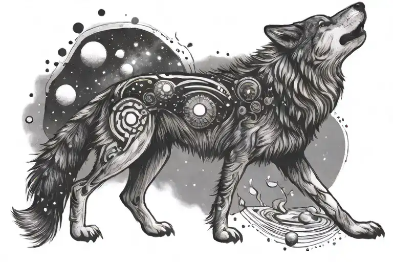 Wolf Standing Surrounded By Planets Stars And Nebulas