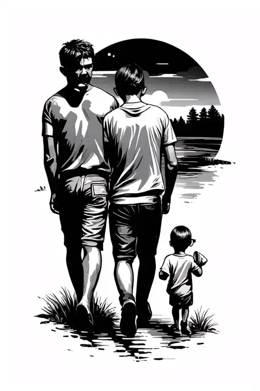 Father And Kids Walking Down A Path