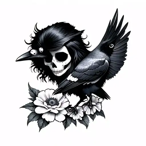 Catrina With A Raven And Marigolds