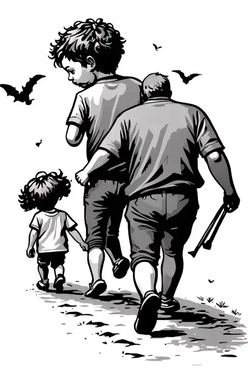 Father And Toddlers Walking Down A Path