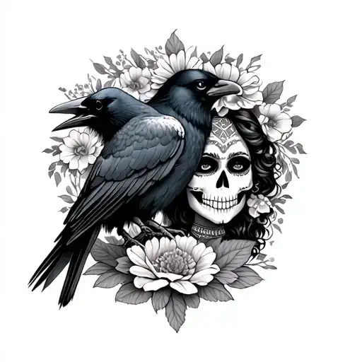 Mexican Catrina Looking At A Raven With Marigold Surrounding Her