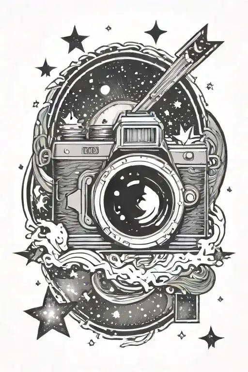 A Tattoo Of A Camera Shutter Opening Up To Reveal A Galaxy Of Stars