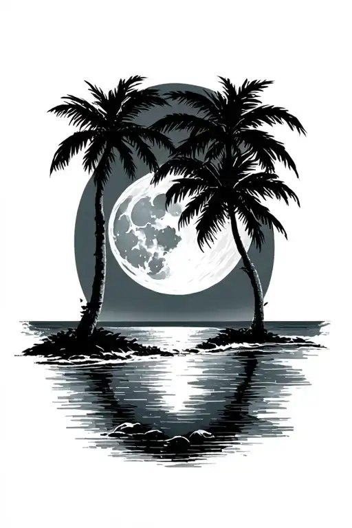 Moon And Beach Landscape With Palm Trees