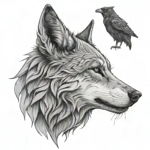 Calm Wolf Profile With Raven And Snarling Wolf Profile