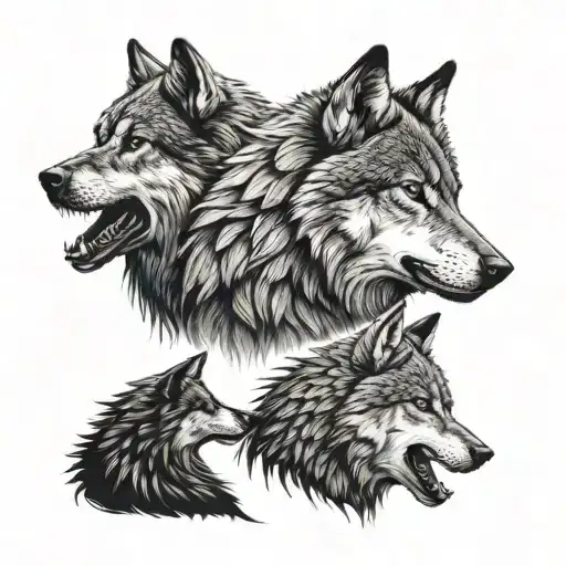 Calm Wolf Profile On Right With Raven Profile In Middle And Snarling Wolf Profile On Left