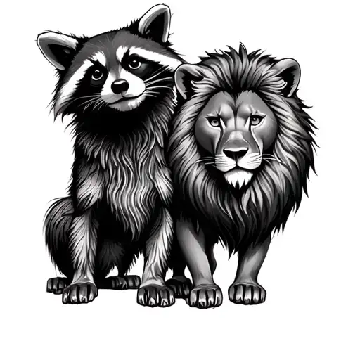 Half Raccoon Half Lion Standing Side By Side