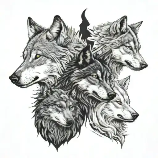 Calm Wolf Profile On Right With Crow Profile In Middle And Snarling Wolf Profile On Left