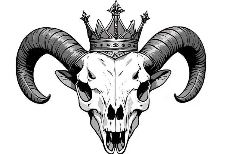 Symmetrical Ram Skull With 4 Horns And A Crown Over It