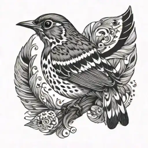 Detailed Portrait Of A Wood Thrush In Flight With Intricate Feather Patterns