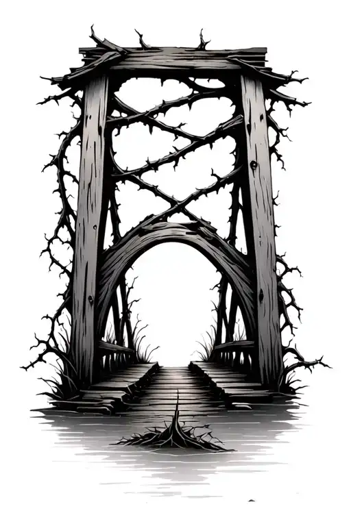 Old Wooden Decrepit Bridge Broken Vines Thorns Growing Over