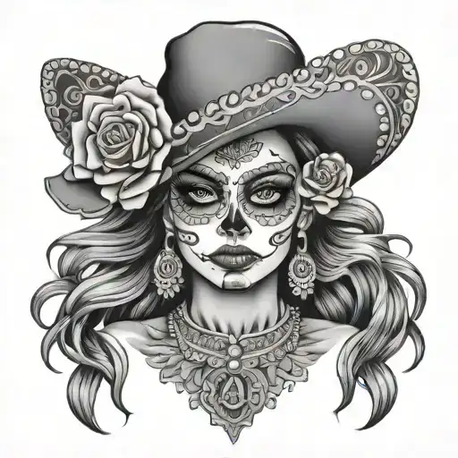 Mexican Chicano Woman With Traditional Sugar Skull Makeup In Black-grey Shading