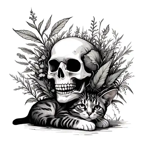 Skull With Plants Growing Out Of It With Cat Laying Down