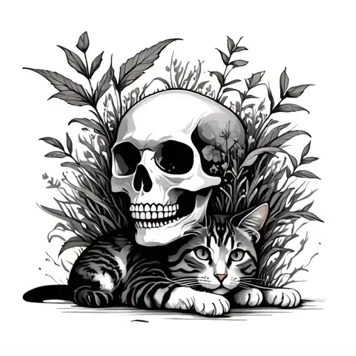 Skull With Plants Growing Out Of It With Cat Laying Down
